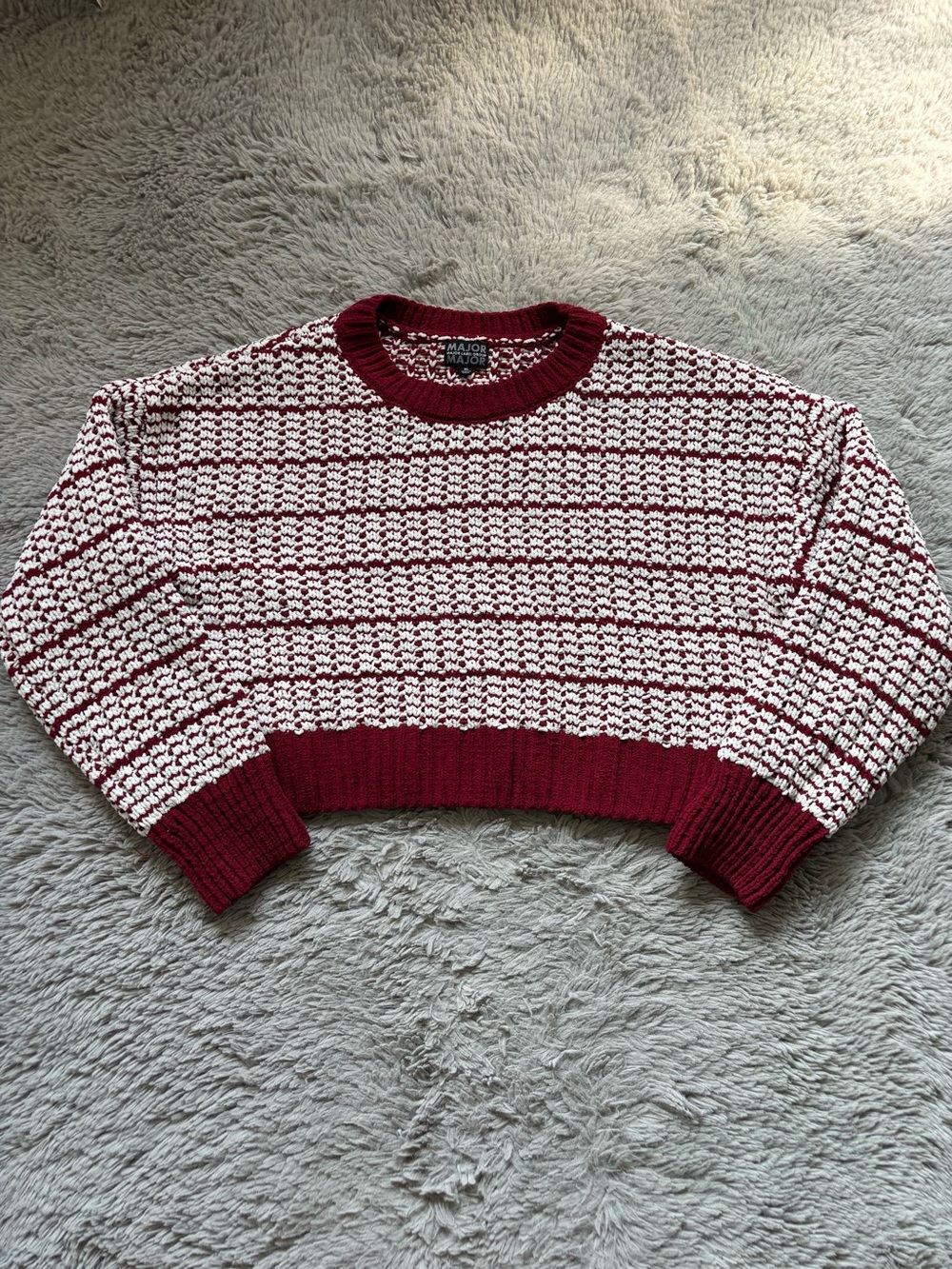 Major Label Group Maroon Red and White Cropped Knit Crewneck Sweater size XL